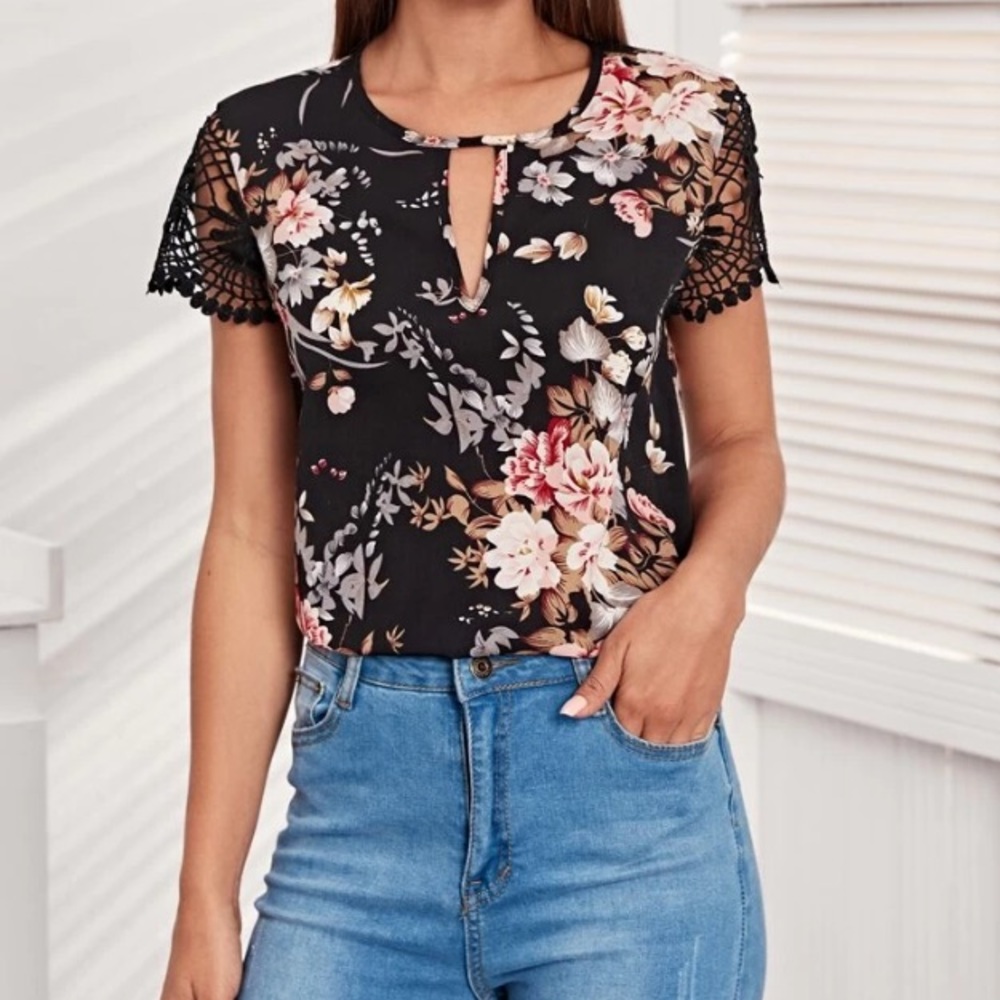 BOGO Sale Floral Top with Lace Sleeves